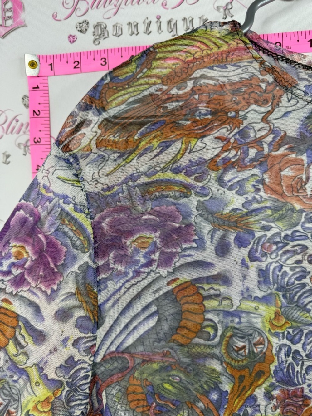 Long Sleeve mesh Floral & Dragon Print tattoo style Top - Purple, Orange, Green - Picture 7 of 12